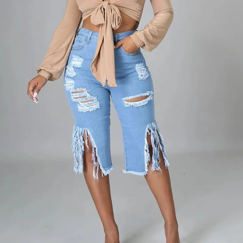 New Trendy Women Ripped High Waist Tassel Denim Shorts Plus Size Knee Length Jeans Women Fashion Casual Pants