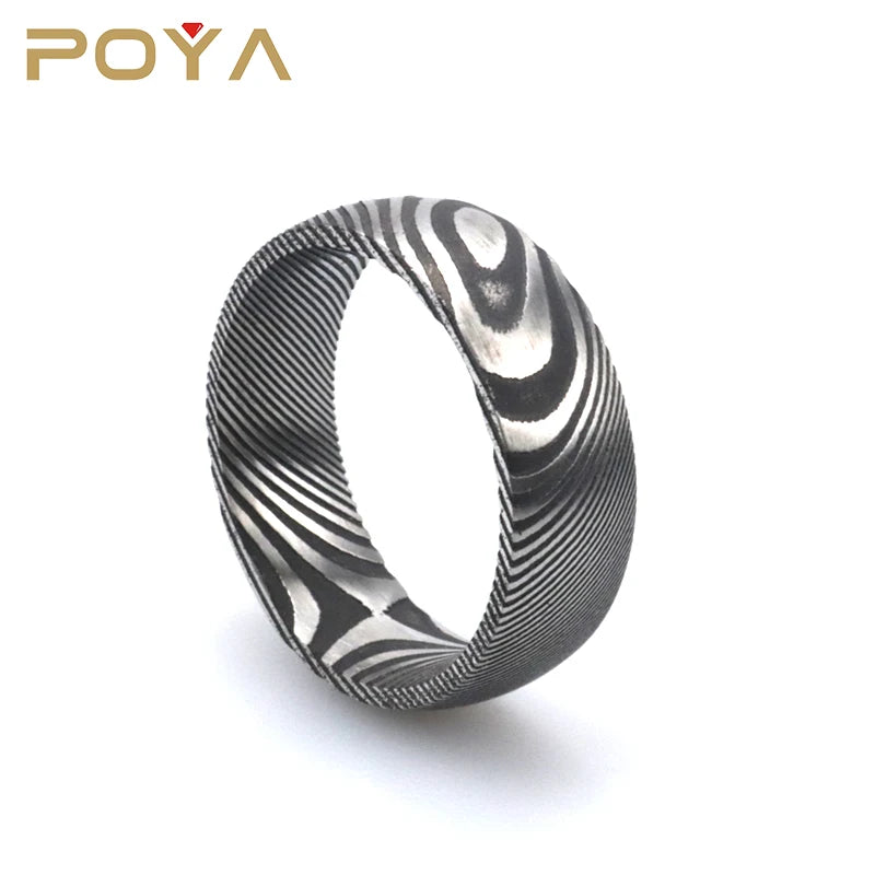 Poya New No Inlay Simple Style 8mm Width Pure Damascus Steel Ring for Men