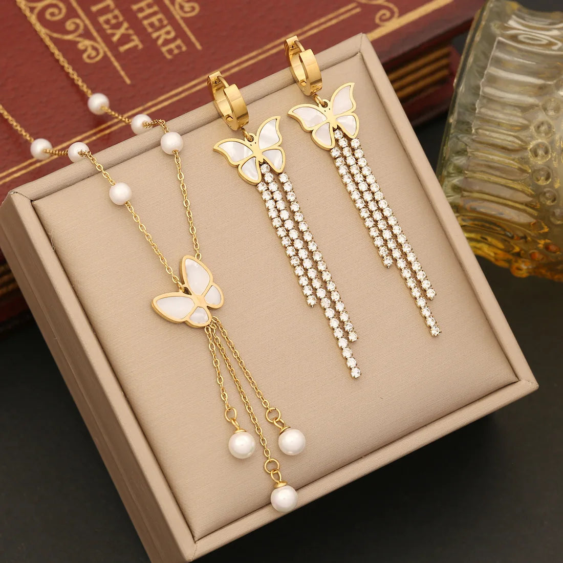 Fine Gold Plated Shell Zircon CZ Butterfly Hoop Earrings Bracelet Stainless Steel Pearl Butterfly Pendant Necklace Jewelry Set