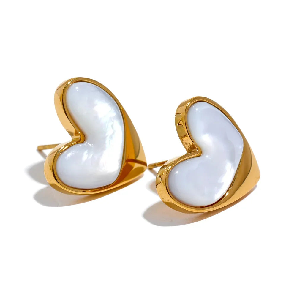 JINYOU 1202 Exquisite Stainless Steel Natural Shell Heart Love Chic Stud Earrings for Women Gold Fashion Charm Jewelry Bijoux