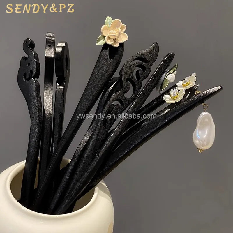 Chinese Retro Style Wooden Black Hairpins Hollow Out Wood Pearls Hair Pin for Women Daily Accessories