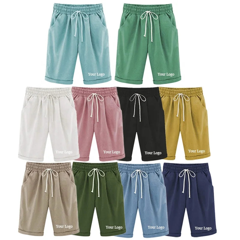 Women's Cotton Linen Drawstring Shorts Knee Length With Elastic Waist Size From X-8XL Casual Bermuda Style Logo Decoration