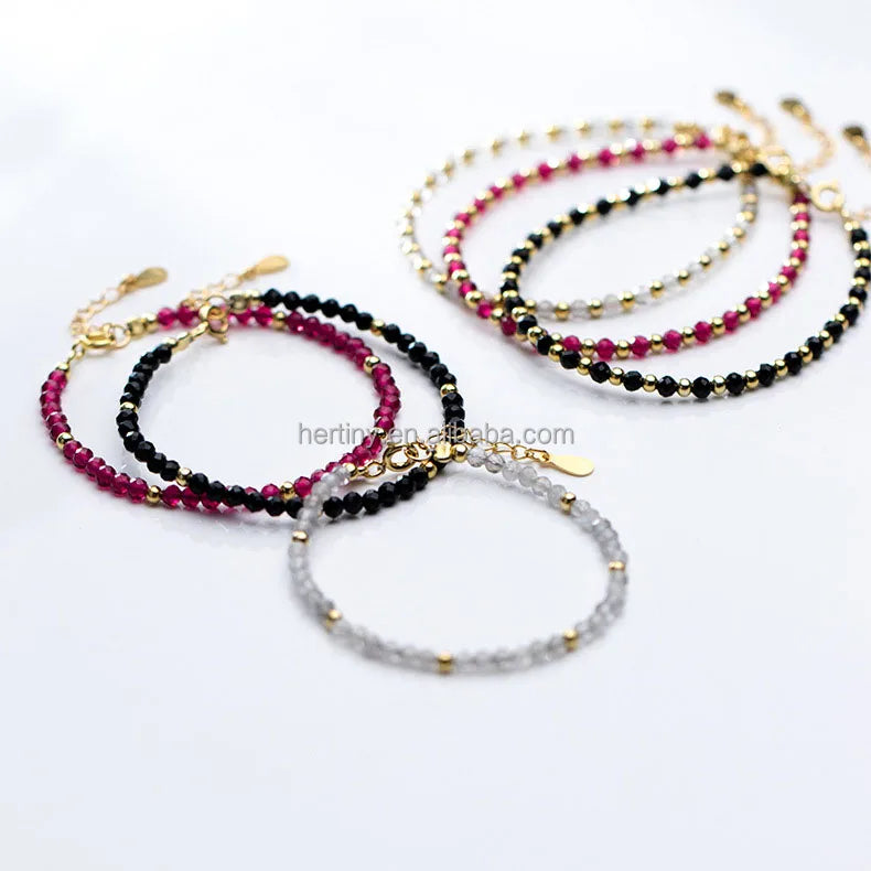 Gold Plated 925 Sterling Silver Round Beads with Garnet Stone Moonstone Gemstone Beaded Bracelet for Women