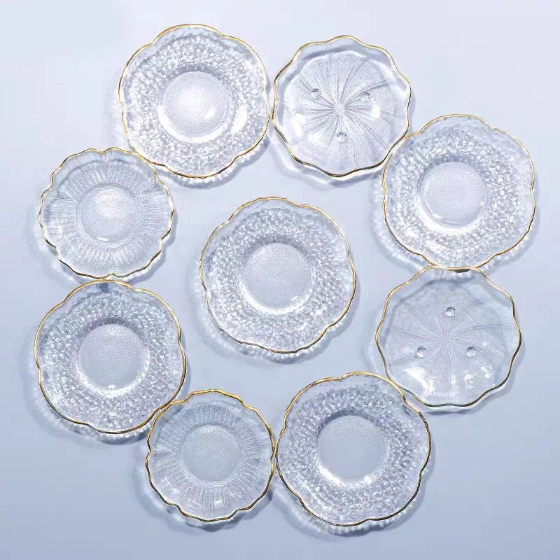 Home Clear Mini Snack Plate Dish Japanese Kung Fu Coffee Drink Coaster Saucer Table Crystal Round Gold Rimmed Glass Tea Mat Pad