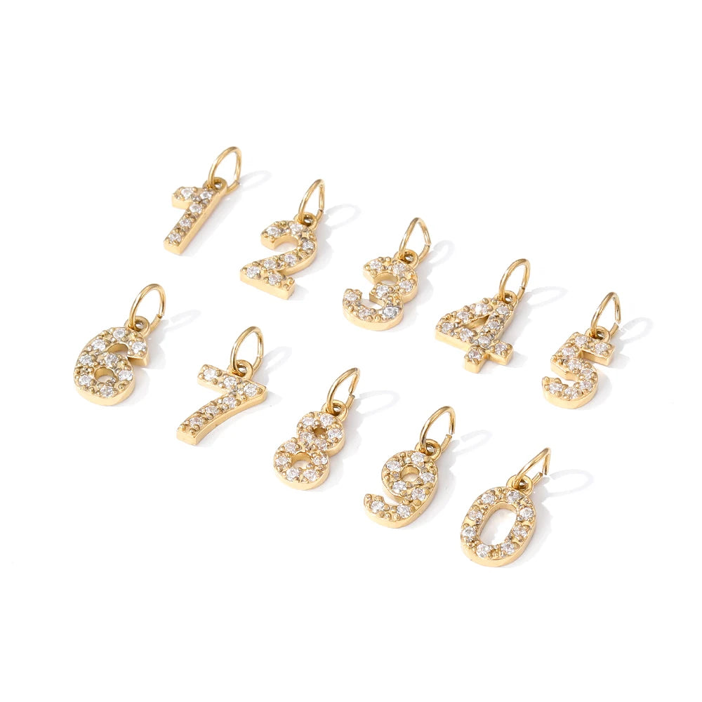 INS Simple Stainless Steel 14K Gold Plated Micro Inlaid Zircon Number Arabic Numerals Charm DIY Pendant Accessories Jewelry