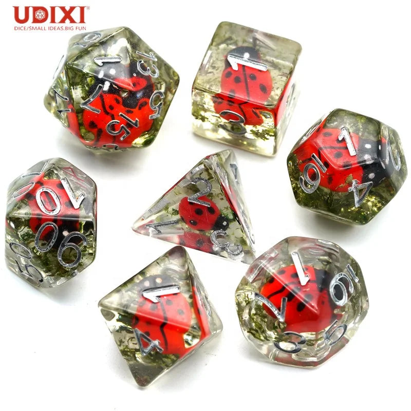 For Udixi Custom Logo RPG Dice Set Polyhedral Resin with Red Ladybug Theme for Dungeons and Dragons