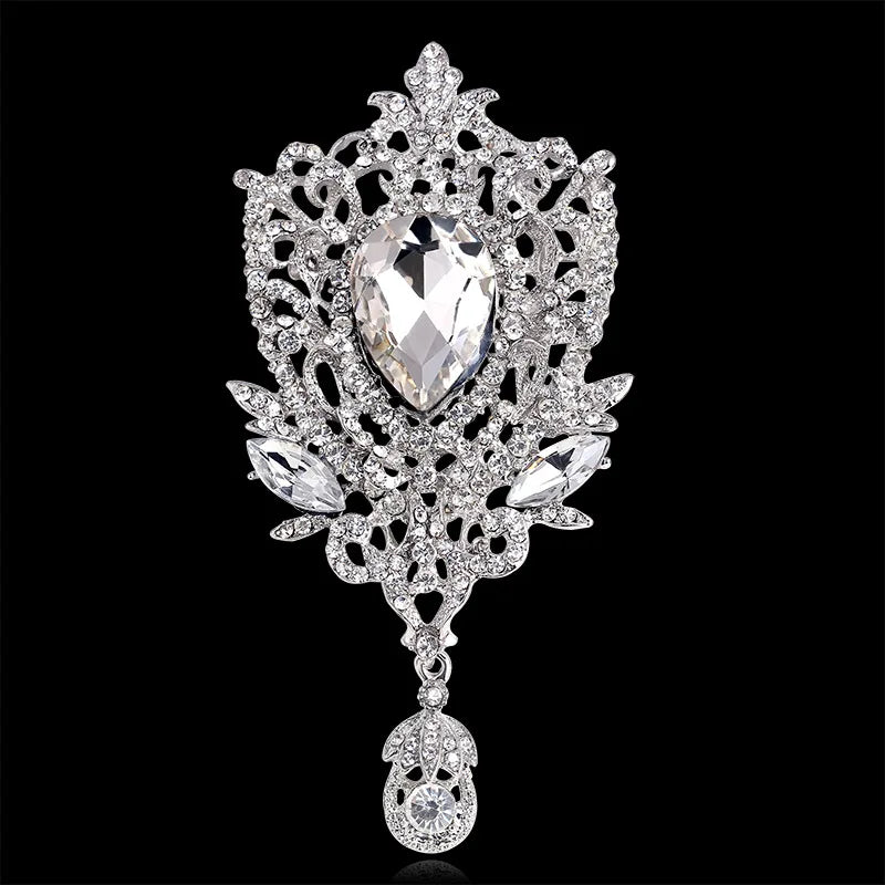 ROMANTIC 2021 Luxury Design Zinc Alloy Large Clear Rhinestone Drop Brooches for Wedding