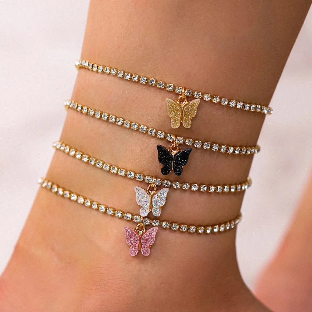 Lady Silver 18k Gold Tennis Bracelet Anklets Crystal Link Chain Ankle Foot Jewelry for Women Rhinestone butterfly Tennis Anklet