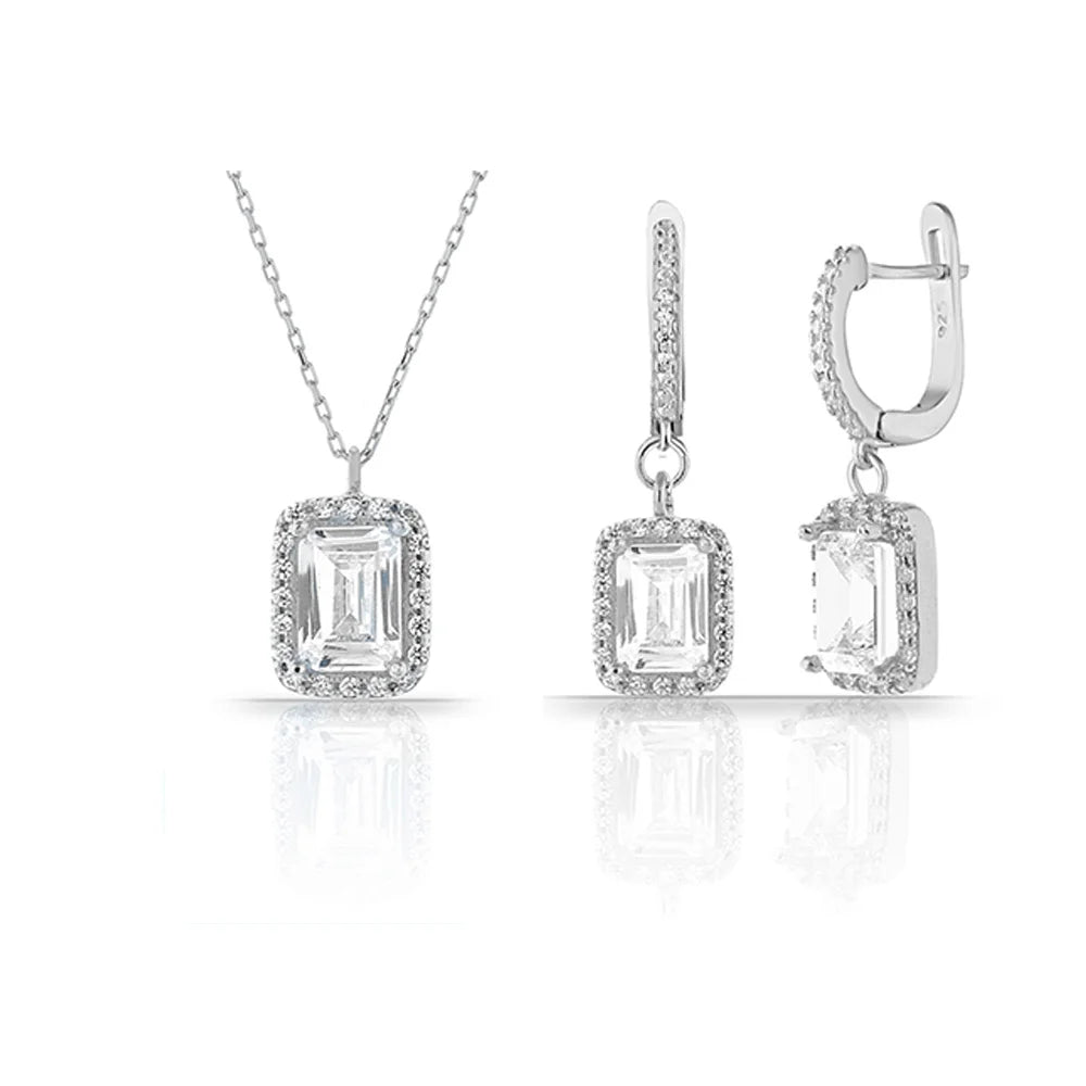 925 Sterling Silver Rectangular CZ Zircon Stone Necklace & Earring Jewellery Set – EU Local Stock