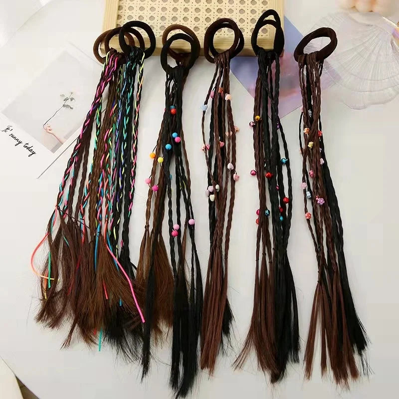 Cute Kid Black Wig with Ponytail Holder Trendy Hair Tie and Braid for Girls Sweet Children Wig Accessory for Parties