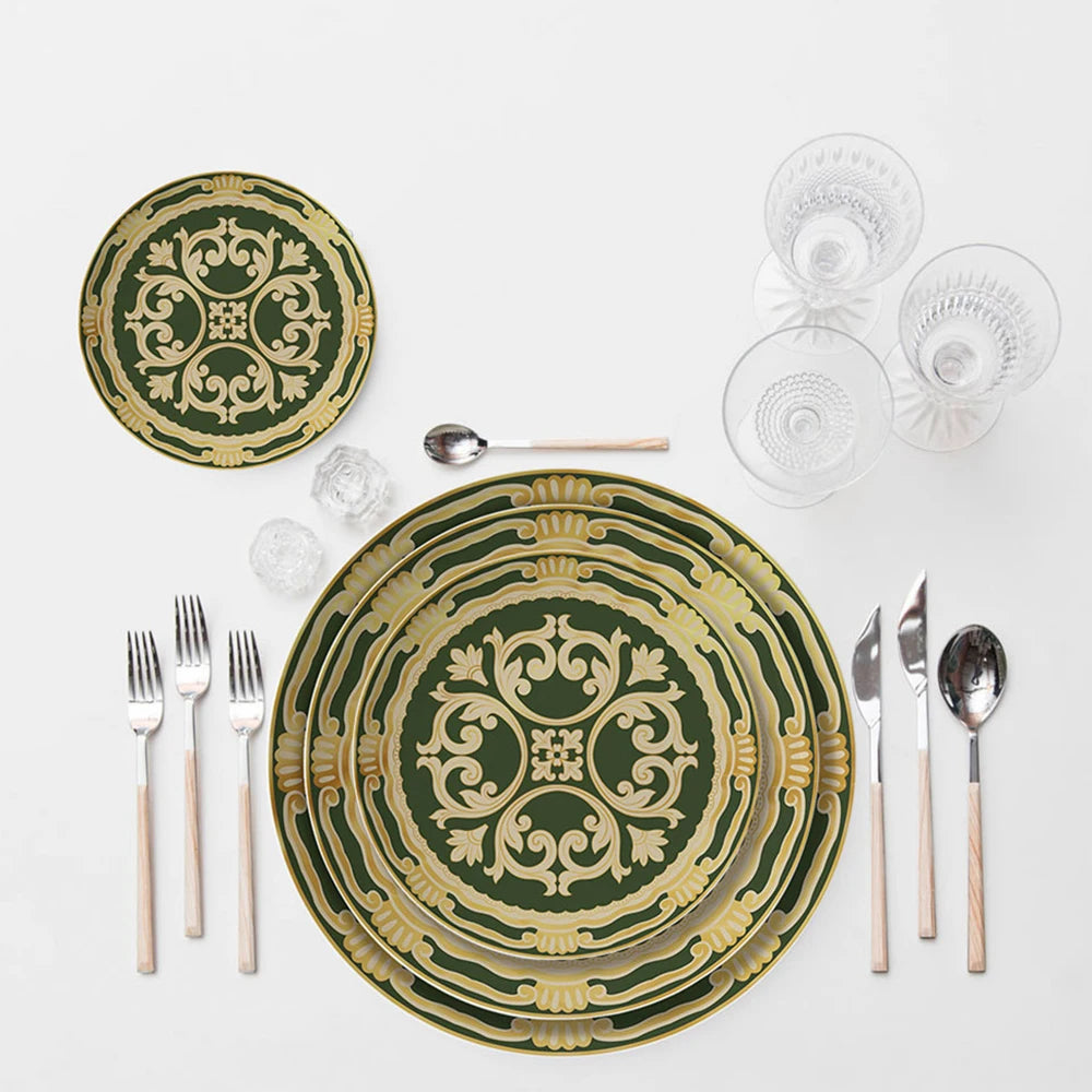 Western Style Bone China Ceramic Plate Green Blue Charger Plate Wedding Banquet Dinnerware Sets for Home Restaurant