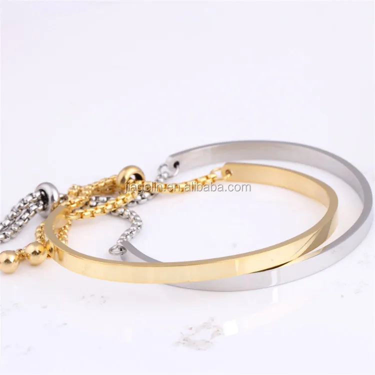 New Style Simple Pearl Chain Key Shape Cuff Bohemian Two Colors Semi Adjustable Stainless Steel Wedding Gift Bracelet for Women