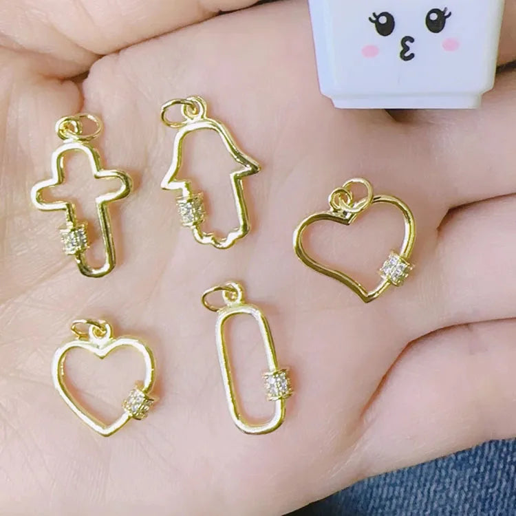 CZ8682 Dainty 18k Gold Plated CZ Micro Pave Cross Heart Hamsa Hand Cross Carabiner Charm Pendants for Necklace Jewelry Making