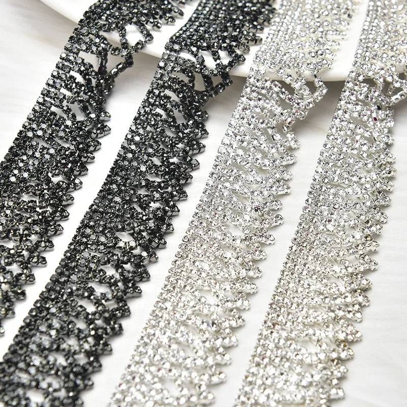2Cm Double Row Diamond Rhinestone Tassel Trim Grey Clear Cross Crystal  Fringe Chain for Shoes Bags Clothes Sewing Accessories