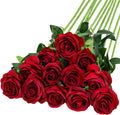 12pcs Long Stem Artificial Silk Realistic Roses Bouquet Red Flowers for Home Wedding Christmas & New Year Party Decoration
