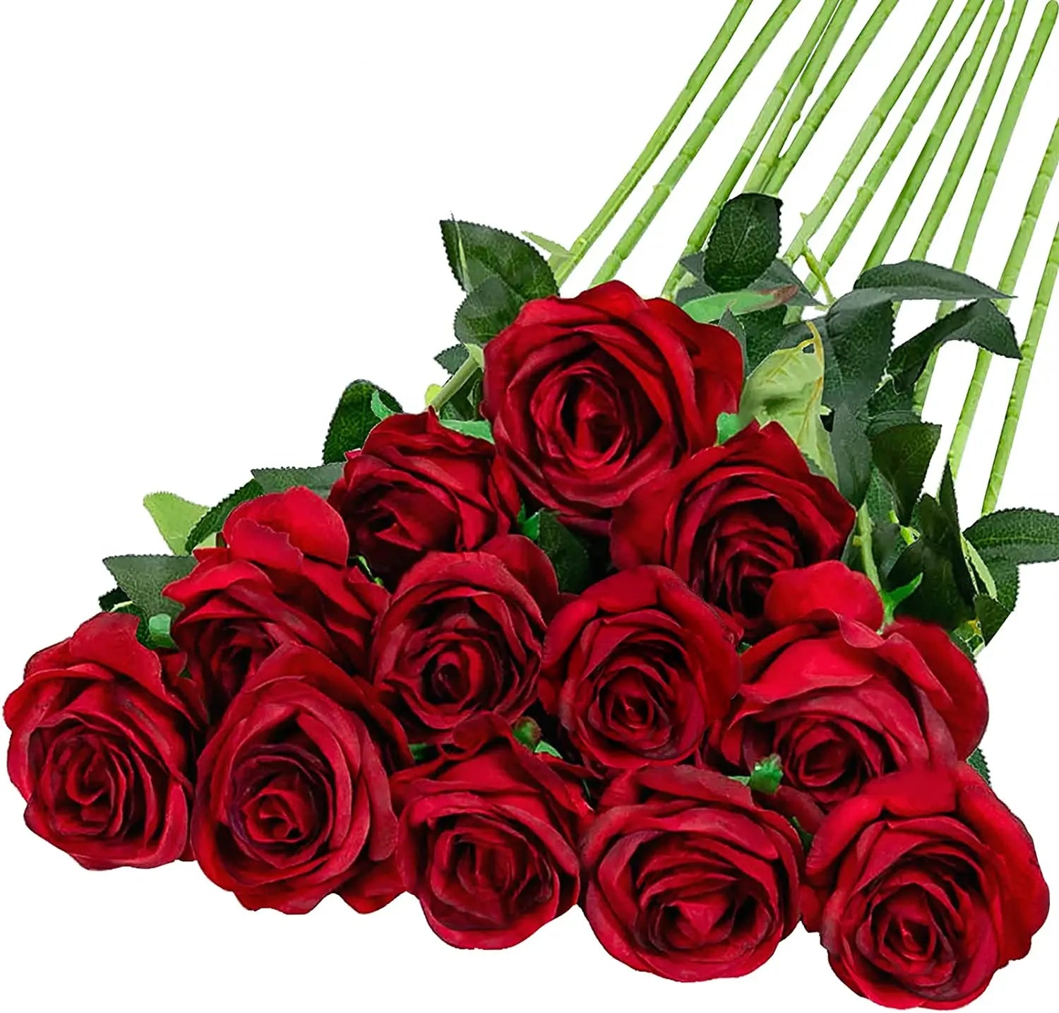 12pcs Long Stem Artificial Silk Realistic Roses Bouquet Red Flowers for Home Wedding Christmas & New Year Party Decoration
