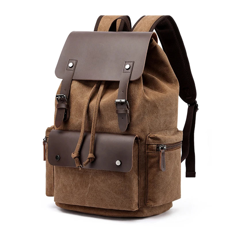 Wholesale Vintage Vegan Retro Custom Logo Printed Mens Book Bag Casual Laptop Drawstring Canvas Leather Bags for Men Backpack