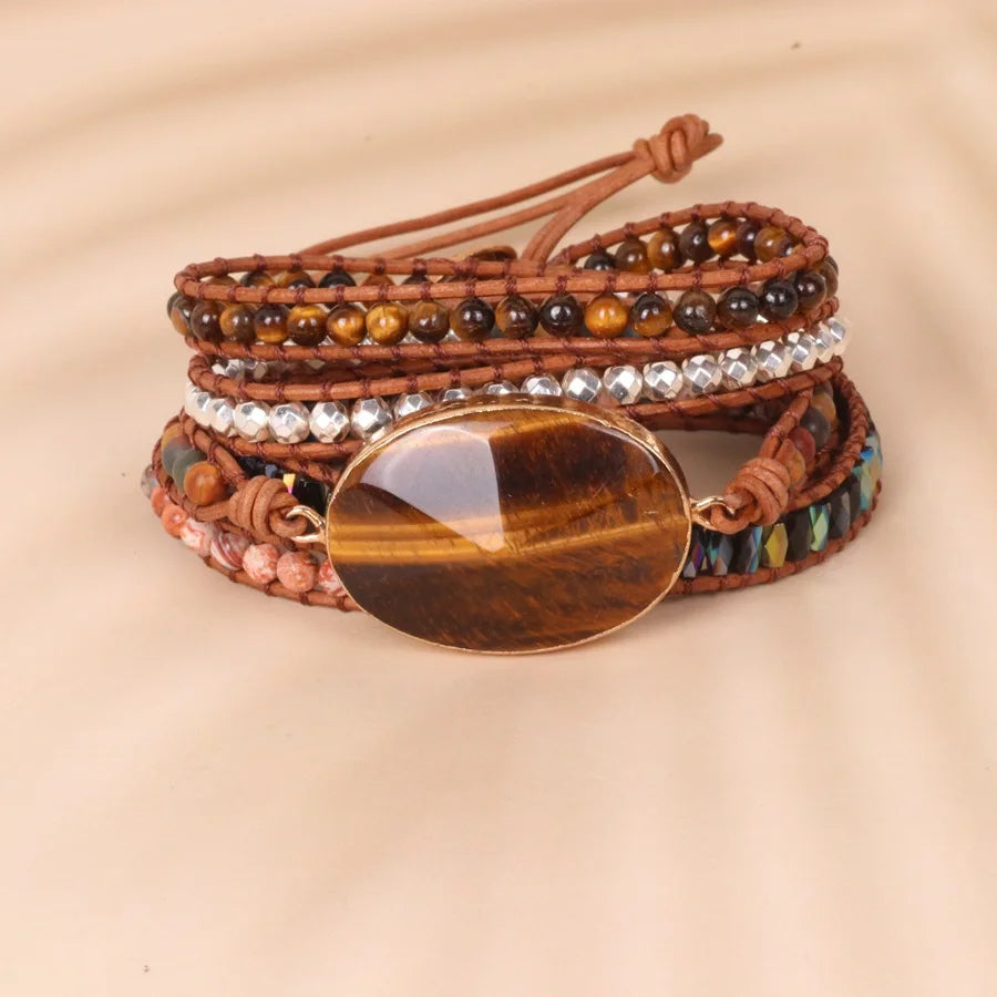 Dainty Adjustable Braided Crystal Beaded Bracelets Natural Tiger Eye Multi-layered Bohemian Bracelet for Women Girls