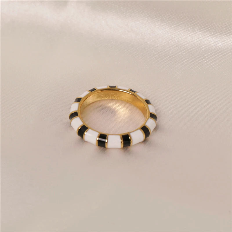 Joolim Jewelry 18K Gold Plated  Black White Zebra Enamel  Stainless Steel Rings for Women Tarnish Free