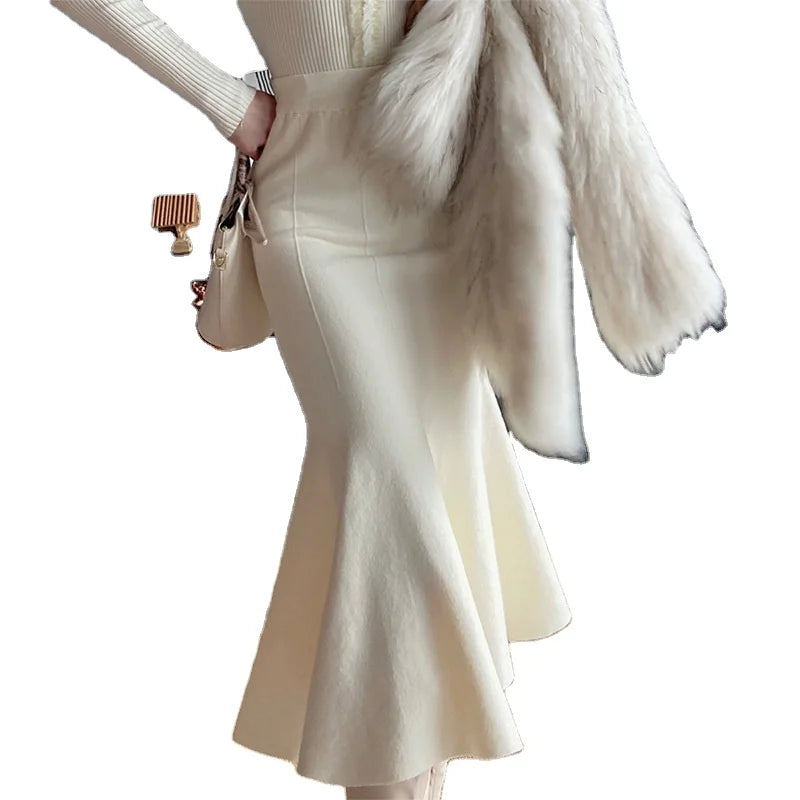 2023 Women's New Autumn/Winter Half Skirt French Style Gentle Mid Length High Waist Knitted Fishtail Skirt