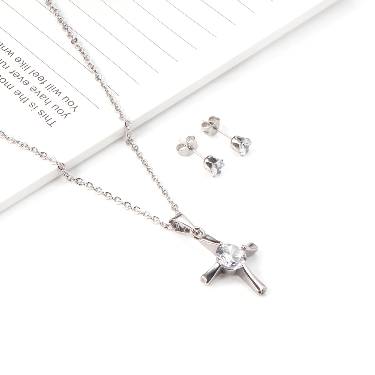 Wholesale Customization Cubic Zirconia Cross Jewelry Set Stainless Steel Pendant Necklace and Earrings Sets for Women Men