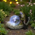 Solar Powered Turtle Boat Lantern with Cracked Glass Globe Green Resin Turtle Rowing Boat with Stone Texture and Black Oar