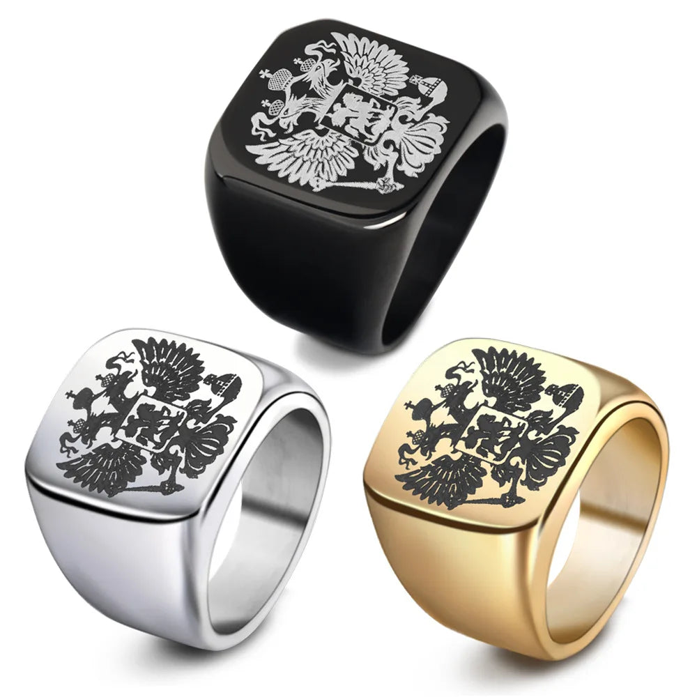 Stainless Steel Men's Ring Russian Titanium Steel Men's Ring Double-headed Eagle logo Ring European and American Jewelry Wholesa