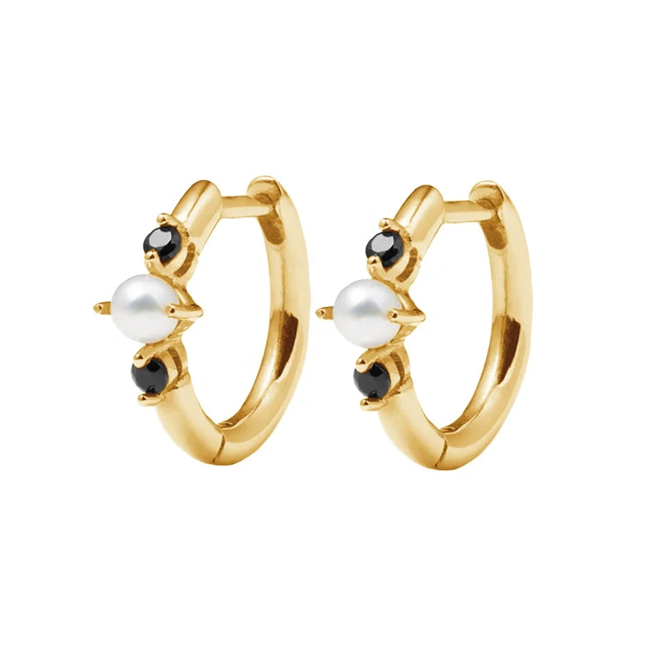 Nagosa Wholesale Jewelry 18k Gold Vermeil 925 Sterling Silver Black Onyx Gemstones Freshwater Pearl Hoop Earrings