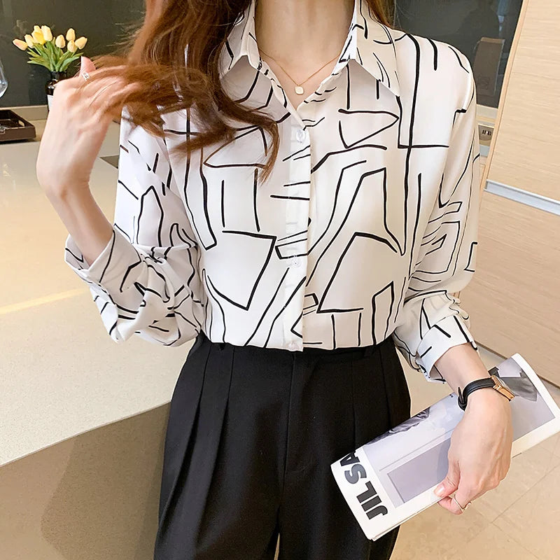 Korean Women's Geometric Pattern Color Matching Lapel Long Sleeve Chiffon Shirt 5212#