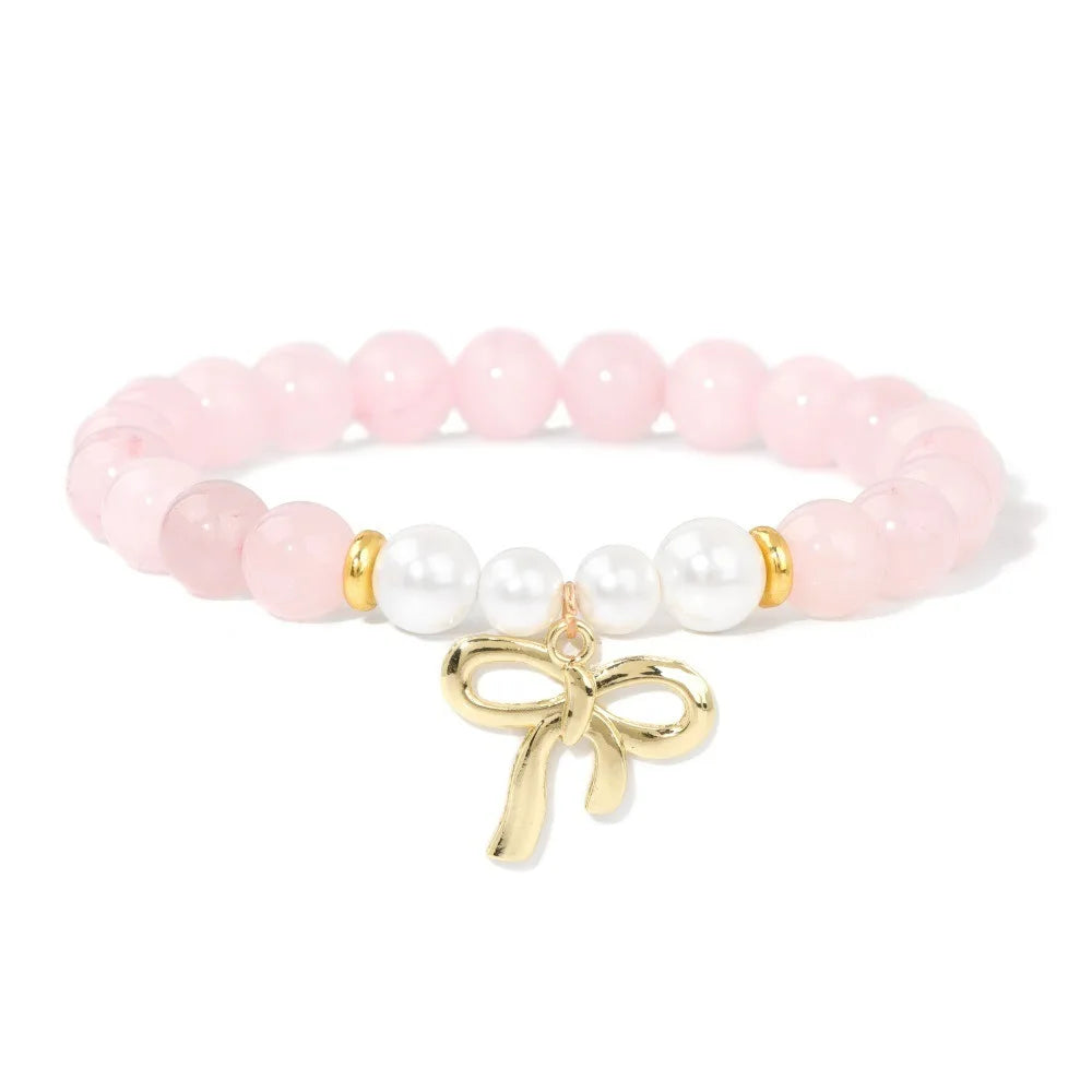 Fashion Sweet Elegant Shell Pearl Gold Butterfly Bow Charm Purple Imperial Turquoise Rose Quartz Bracelet for Women Ladies