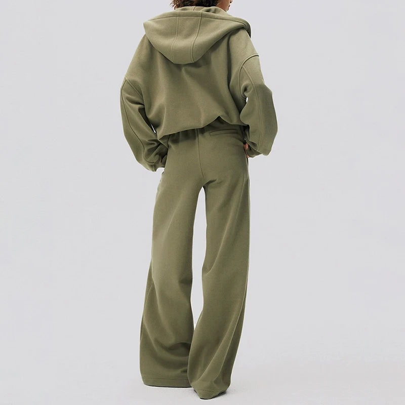 F240098 Custom Women Two Piece Outfits Clothing Set Lady Fashionable Fleece Zip up Hoodie Oversize Loose Wide Leg Sweatpants Set