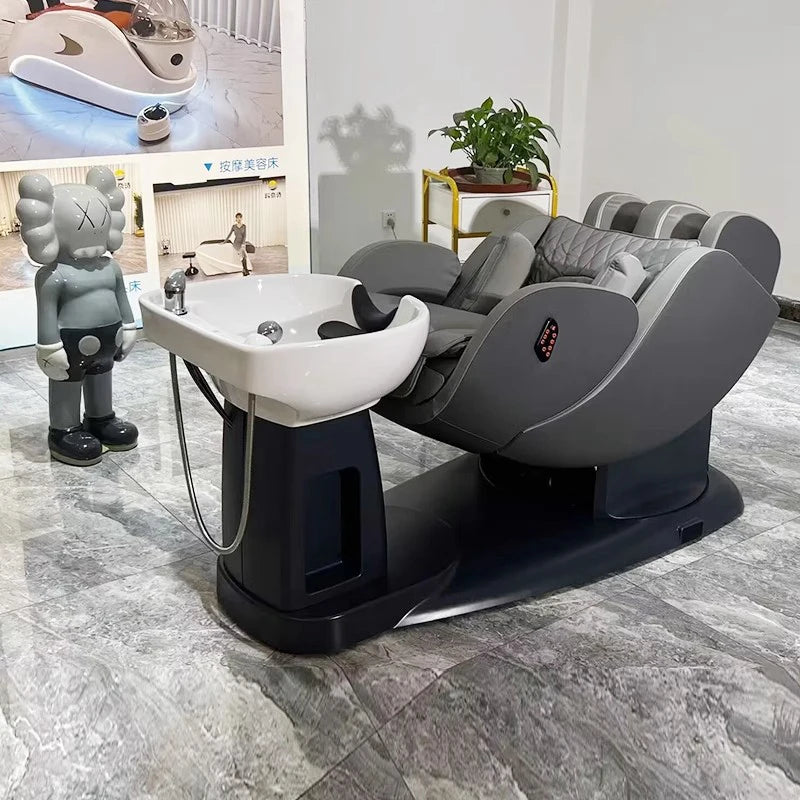 Modern Hair Salon Japanese Head SPA Shampoo Bed Electric Curve Washing Chair Luxury Grey Shampoo Bowl Bed with Water Tank