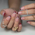 Custom Logo Almond Fake False Nails Wholesale Handmade Soft Gel Premium 3D Pearls Red French Tip Luxury Glitter Press on Nails