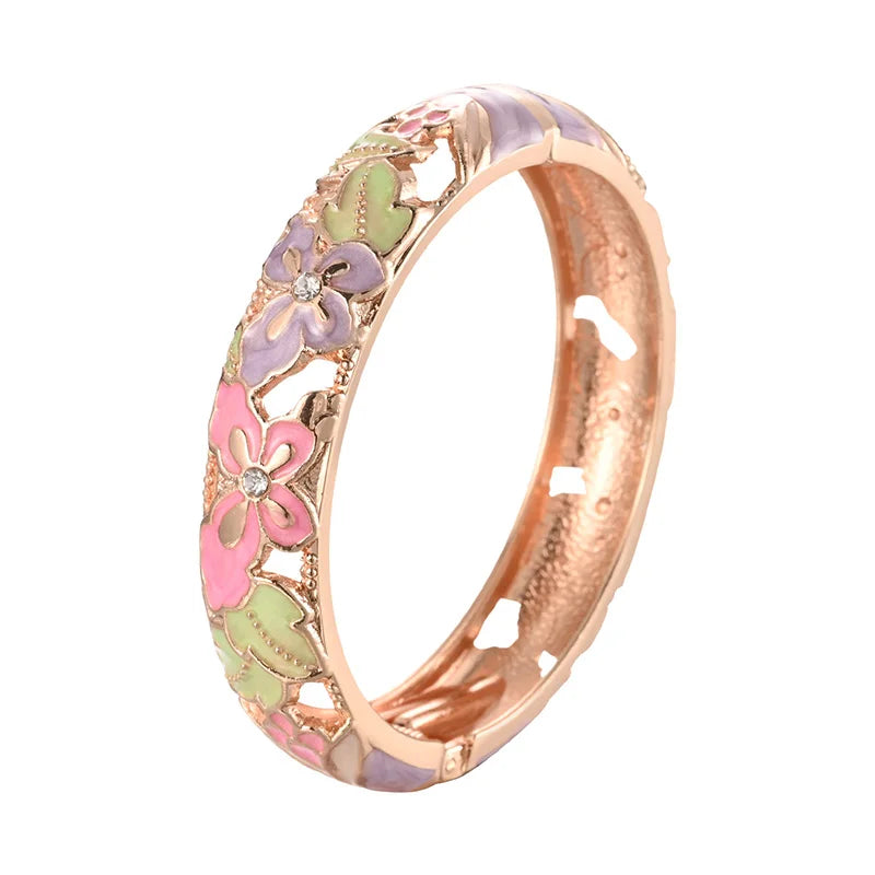 Daili Women's Wholesale Colorful Flower Classic Enameled Gold Plated Zinc Alloy 60x12mm Anniversary Cuff Bangle Charm Fashion