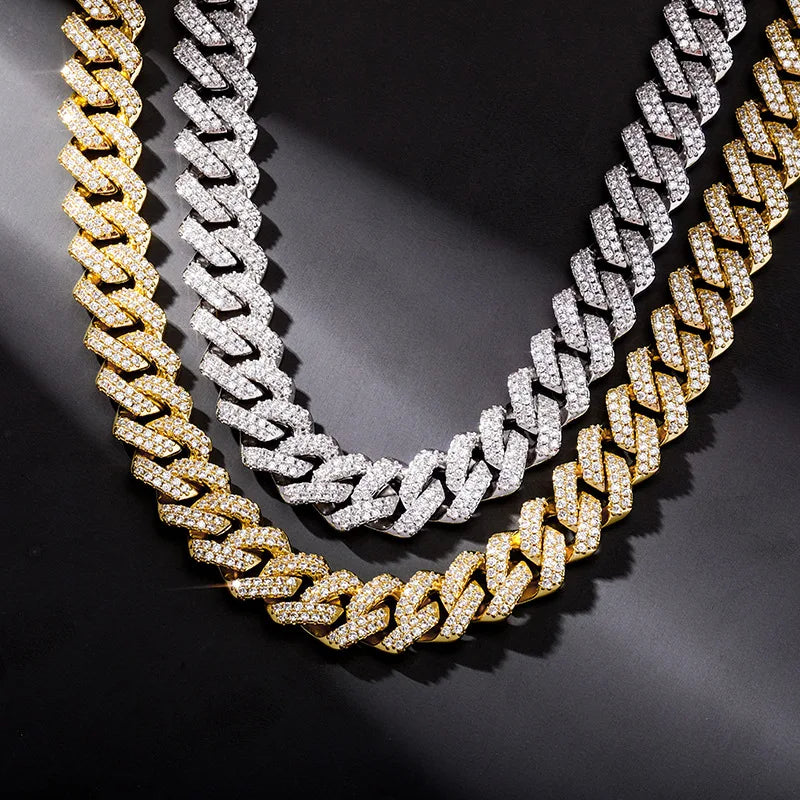 14mm Spring Clasp Iced Out CZ Full Paved Prong Chain AAA Zircon 14k Real Gold Rhodium Thick Plating Prong Cuban Link Chain