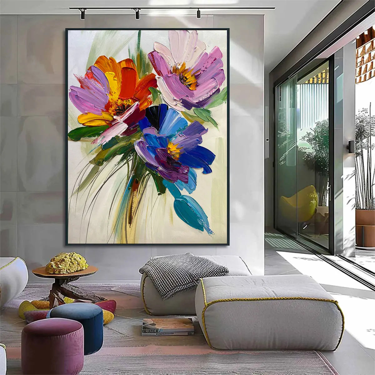 Handmade Modern Wall Art Colorful Floral Oil Painting on Canvas Beautiful Abstract Flowers Oil Painting for Living Room Office