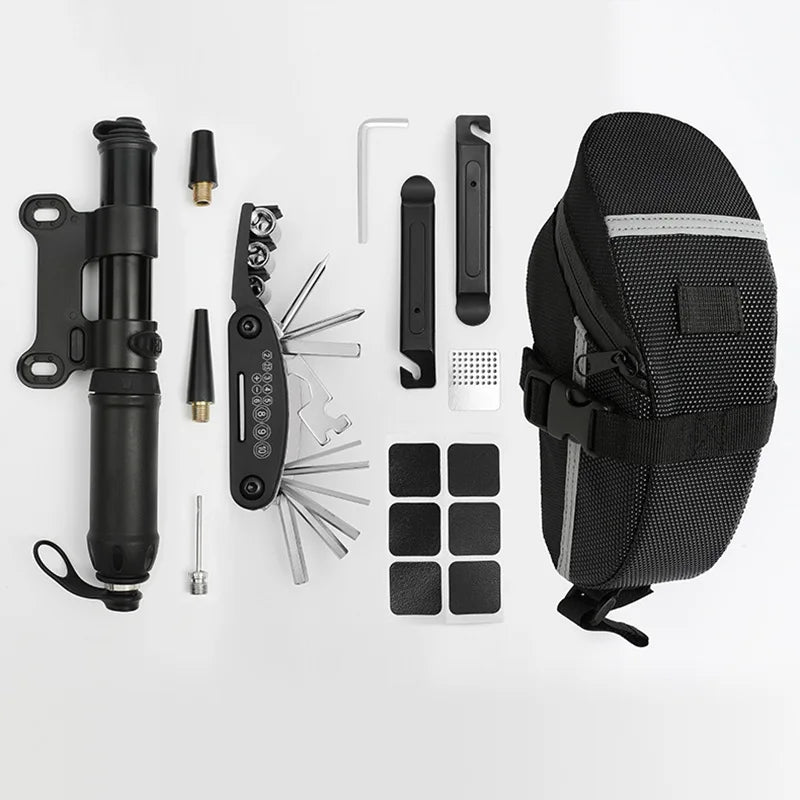 Multitool Bicycle Repair Kit DIY Grade Bike Tire Tool Set Hand Operated Mini Pump OEM Saddle Bag Road Mountain Bike MTB Urban