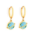 Minimalist Stainless Steel Jewelry 18K Gold Plated Planet Dangle Earring Enamel Blue Saturn Charm Huggie Hoop Earrings for Women