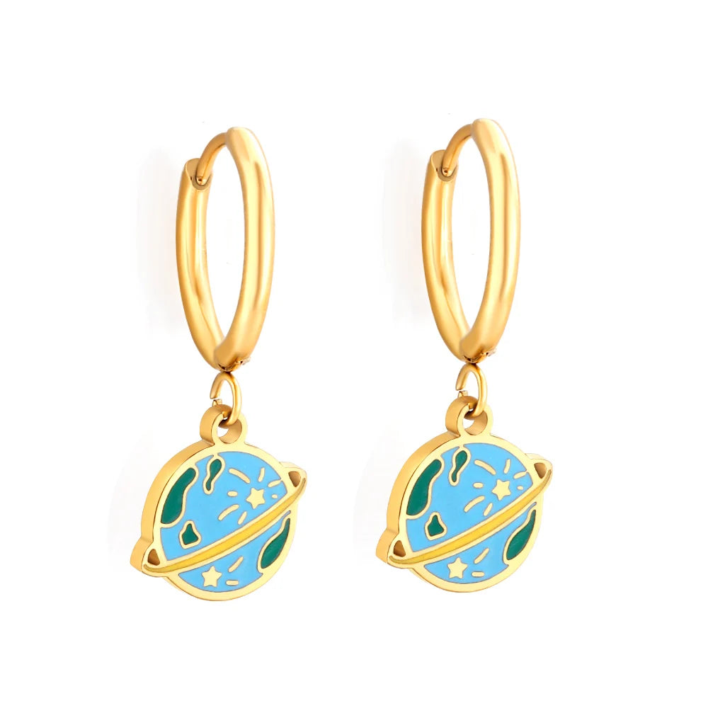 Minimalist Stainless Steel Jewelry 18K Gold Plated Planet Dangle Earring Enamel Blue Saturn Charm Huggie Hoop Earrings for Women