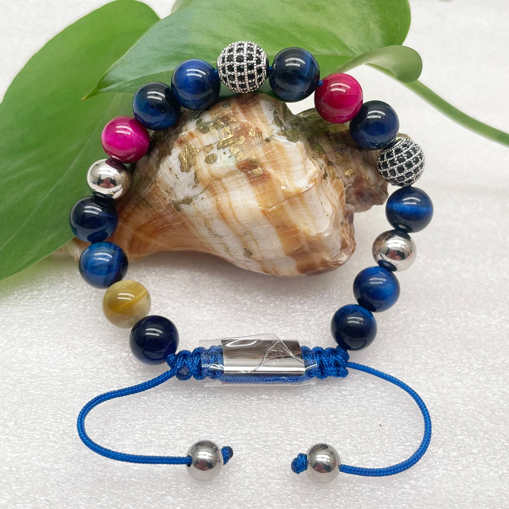 Blue Lapis Faceted Natural Stone Sapphire Blue tiger Rose Red tiger Eye Section Loose Beads Stainless Steel Bracelet DIY Jewelry