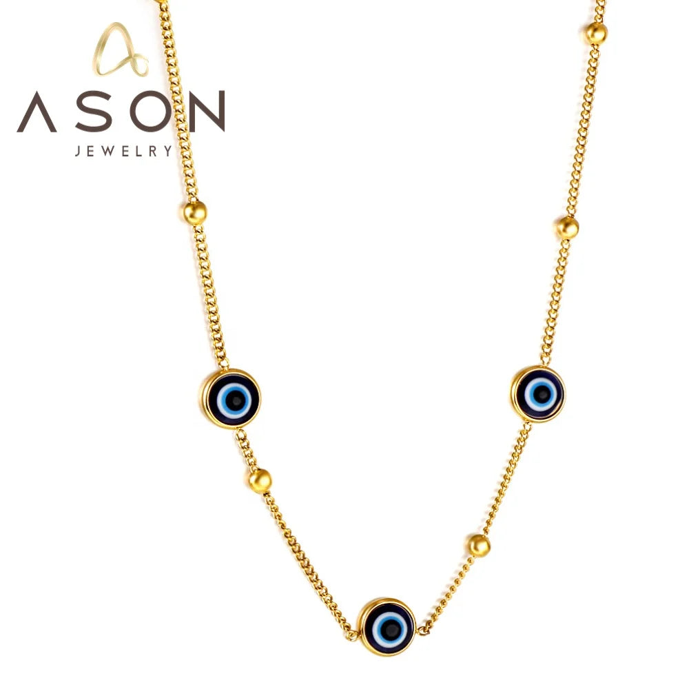 Ason Jewelry Hot Selling Waterproof Stainless Steel Necklace 18k Gold Plated Three Blue Cat Eyes Pendant Necklace