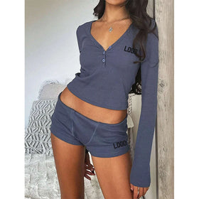 F230698 2025 Custom Women Loungewear Sets Women 2 Pieces Long-Sleeved Shirt Top With Button and Shorts Set for Women