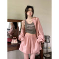 Wholesale Cotton Muslin Sets Summer Breathable Sun protection Three Pieces Sets Casual Crop Top and Shirt Blouse Shorts Sets
