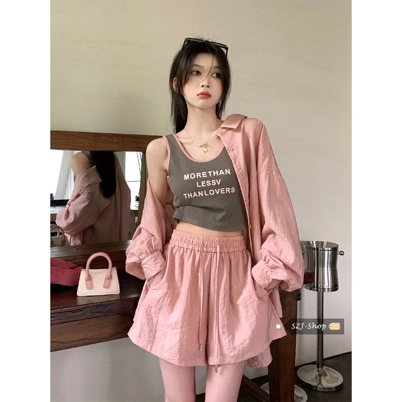 Wholesale Cotton Muslin Sets Summer Breathable Sun protection Three Pieces Sets Casual Crop Top and Shirt Blouse Shorts Sets