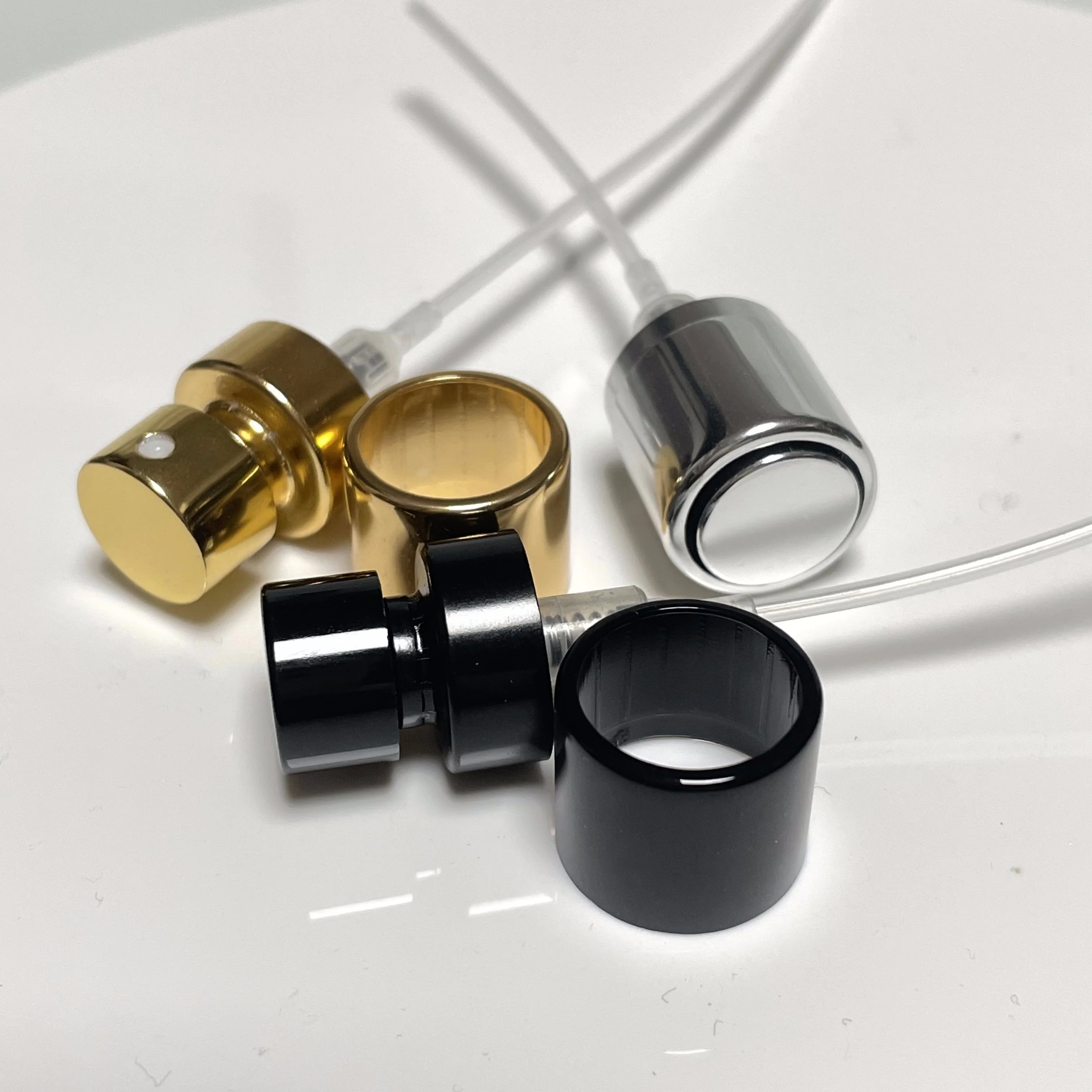 In STOCK Aluminium-Plastic Shiny Silver Crimp Sprayer Pump with Waterproof Non-Refillable Feature for Perfume Bottles