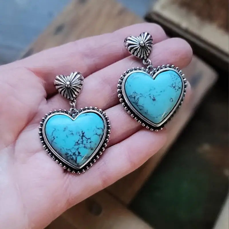 Wofish Western Antique Silver Concho Heart Shape Turquoise Earrings for Women