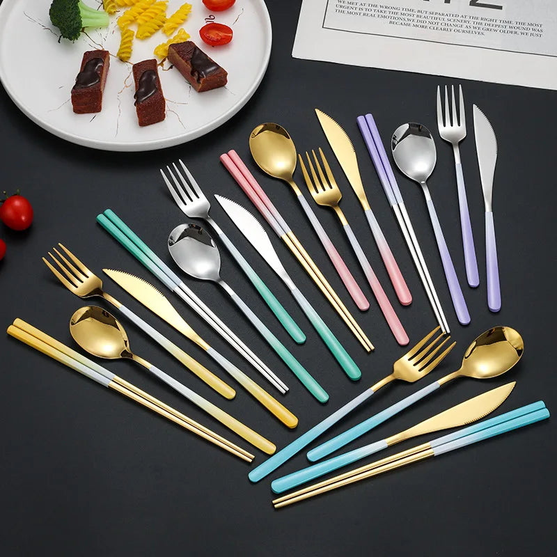 Fashion Design 18-10 Stainless Steel Cutlery Set Gradient Color Spoon and Fork Silverware Gold Flatware for Restaurant