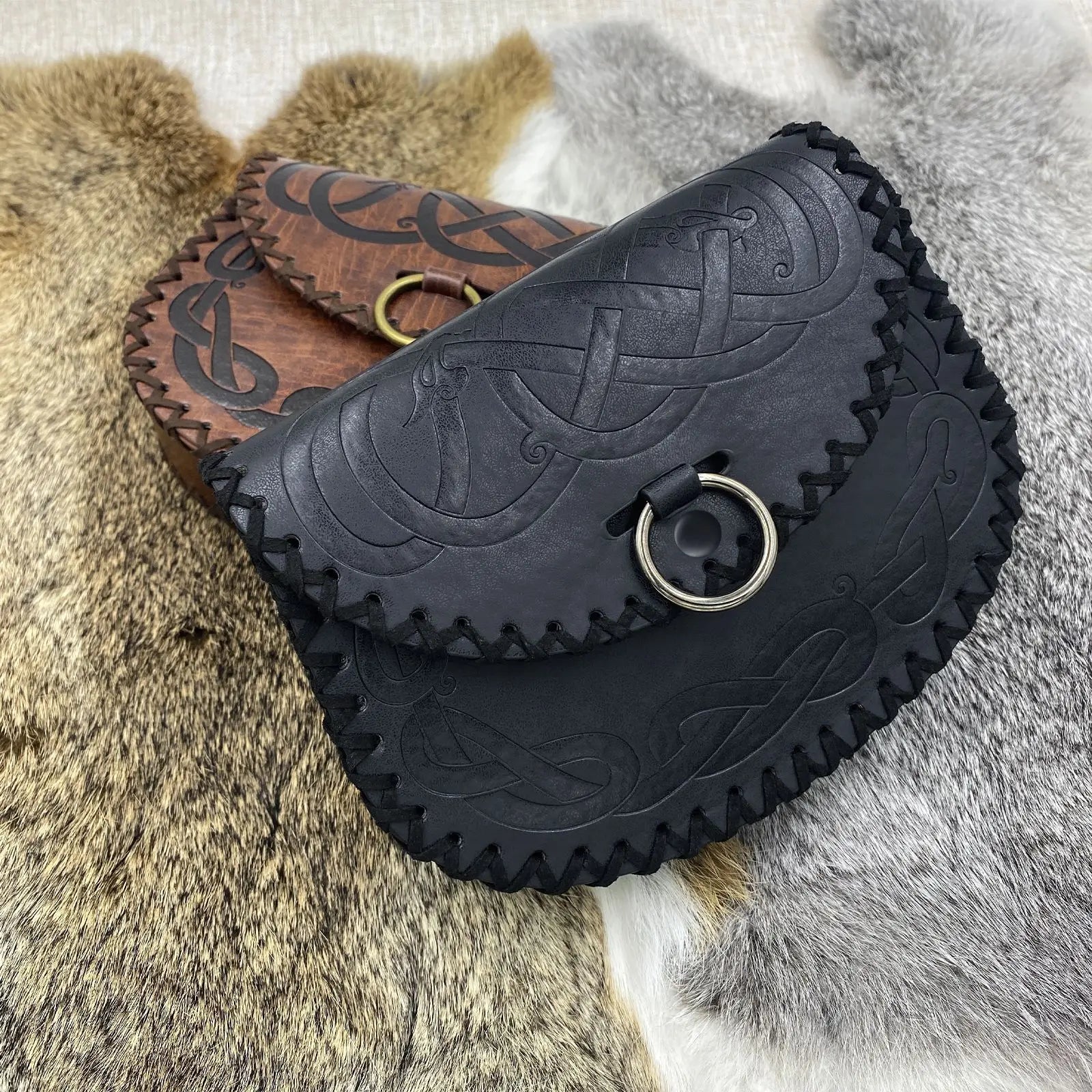 Vintage Viking PU Leather Waist Bag WJF09 Nordic Ship Medieval Belt Pouch Retro Viking Pouch for Cosplay LARP Renaissance Props