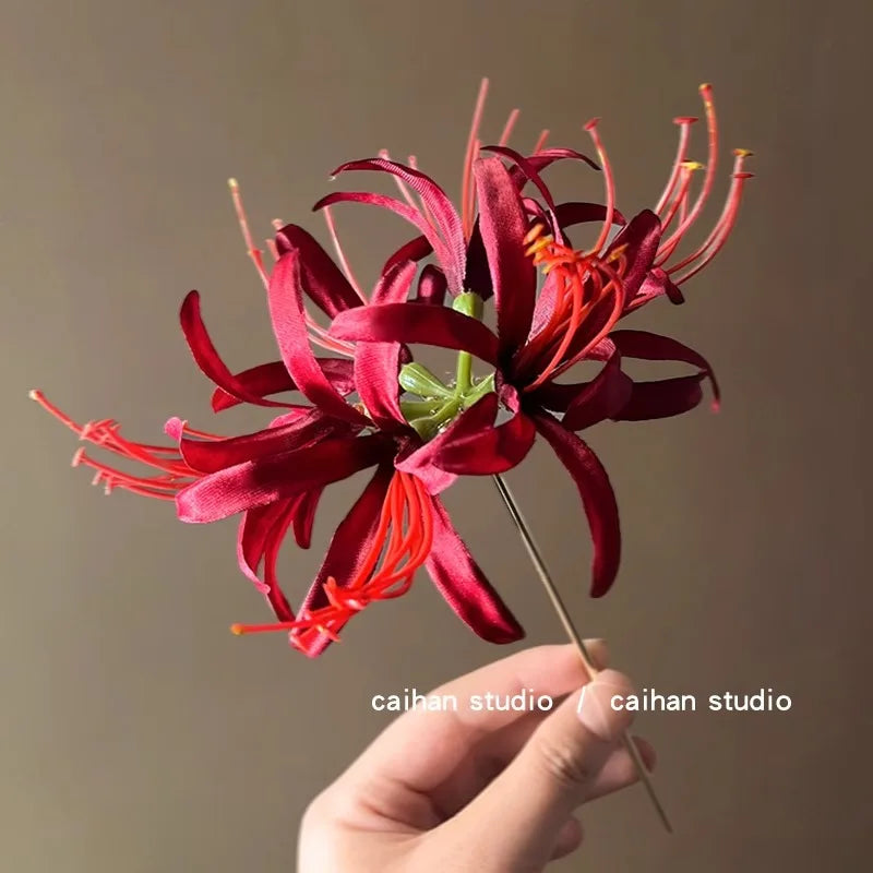 Chinese Style Red Shore Flower Hair Stick Tassel Design Chinese Ancient Style Elegant Hairpins Clip Charm Jewelry Hair Headwear