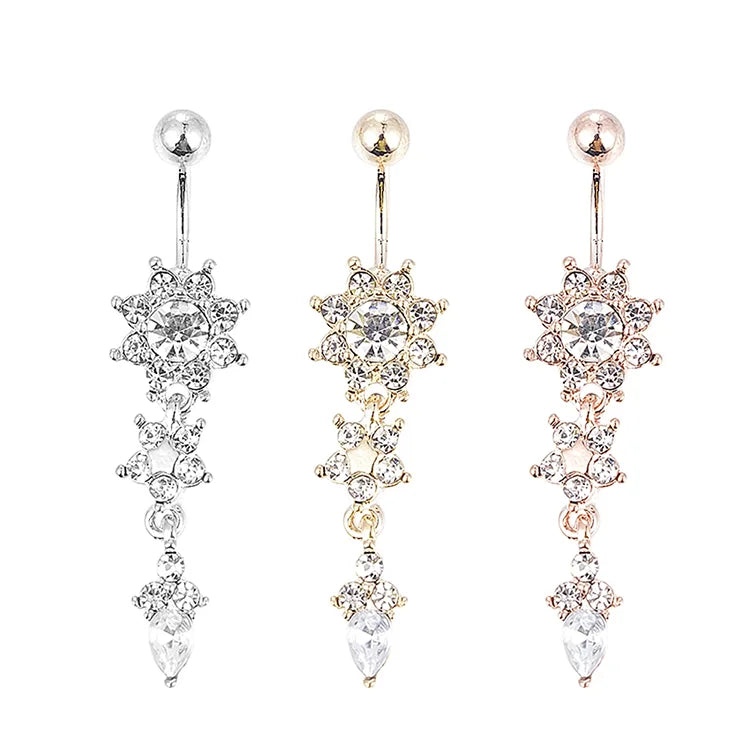 2025 Fashion Perfect Dangle Belly Button Gold Belly Piercing Crystal Flower Body Jewelry Navel Piercing Rings for Women